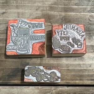 3 Vtg Metal Wood Blocks Letterpress Printing Block Stamps Car Gambling WISC